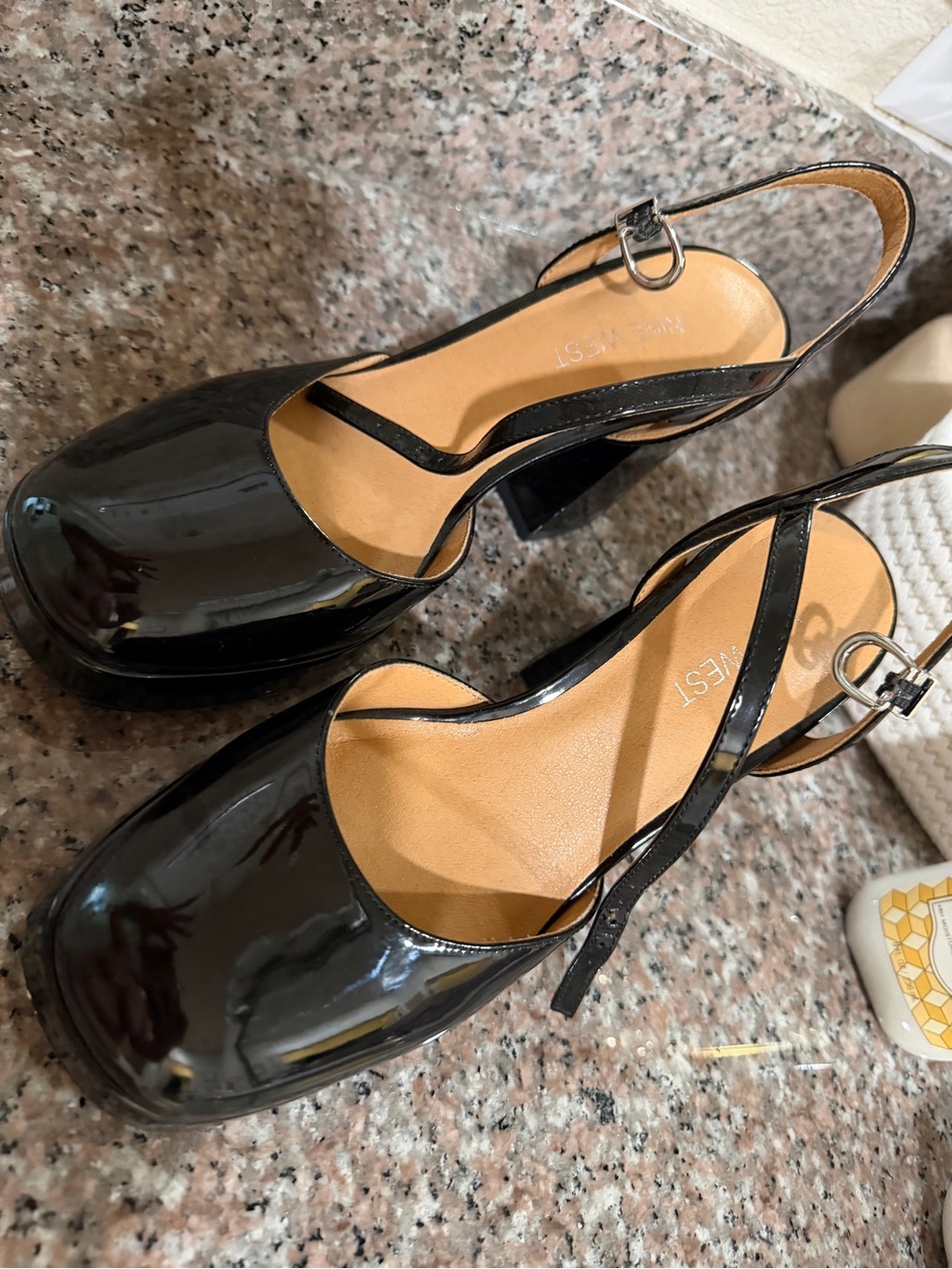 Nine West Black Patent Slingback Block Heel Pumps